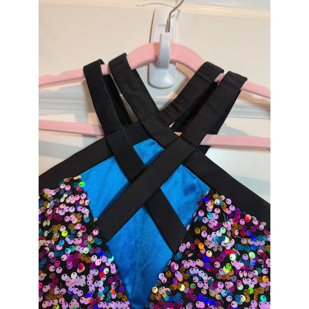 Revolution Dancewear Kids MC Sequin Halter Leotard Black Multi Blue RC25851